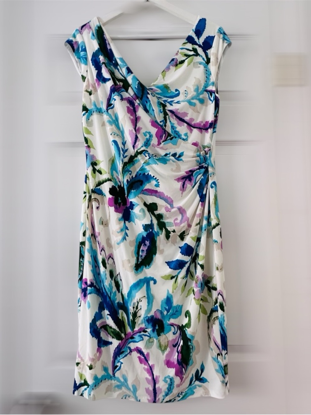 Lauren Ralph Lauren Floral Dress Size 10 Sheath Ruched Side Cowl Neck Cocktail